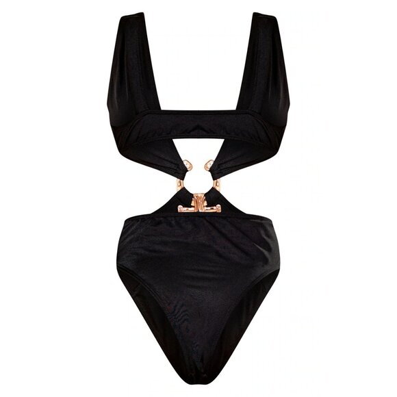 Pretty Little Thing Black Hammered Trim Deep Plunge Cut Out Bathing Suit New 8 - Picture 3 of 8